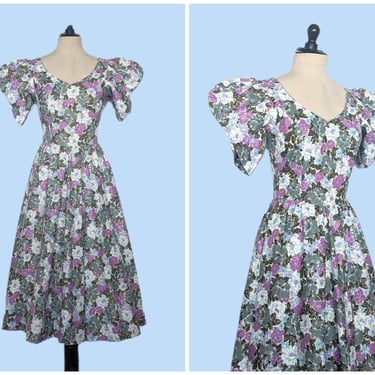 Vintage 80s Puffed Sleeve Floral Sundress, 1980s Tea Length Cotton Day Dress 