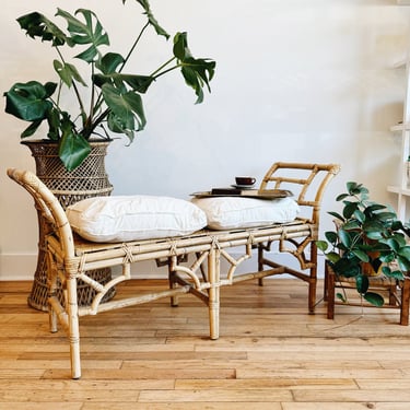 Vintage Bamboo Fretwork Rattan Bench