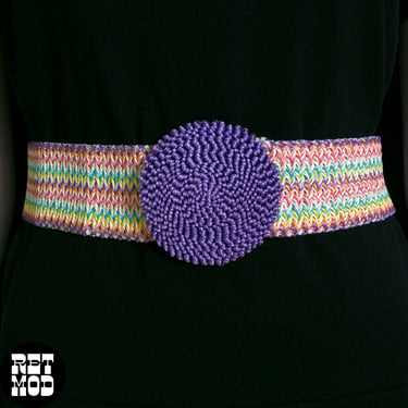 Pretty Vintage 70s 80s Pastel Rainbow & Purple Woven Stretch Belt 