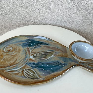 Vintage studio pottery art blues browns fish platter attached bowl chip and dip signed 18” x 9” x 1-2” 