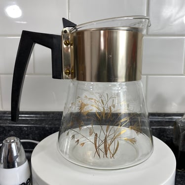 MCM Douglas Flameproof 6-cup glass coffee carafe | Gold Wheat Design | Mod Kitchen pitcher | Vintage gold wheat beverage server 