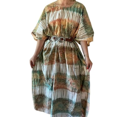 Vintage 1970s Womens Tie Dye Orange Green Hippy Retro Cotton Maxi Dress Sz XXL 