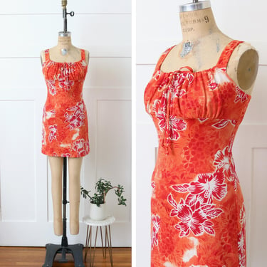 vintage 1990s rave dress • red Hawaiian tropical print stretchy sundress ~ mini dress 