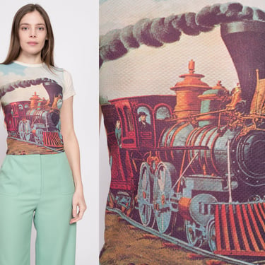 70s Train Novelty Print Shirt - XXS | Vintage Steam Engine Locomotive Graphic Short Sleeve Top 
