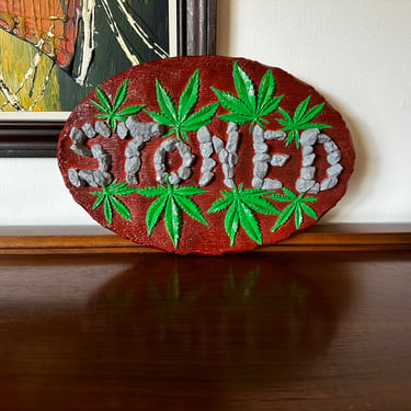 Vintage Chalkware “Stoned” Marijuana Leafs Plaque 