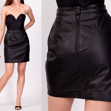 90s Black Leather Mini Pencil Skirt - Extra Small, 23.5" | Vintage High Waisted Minimalist Miniskirt 