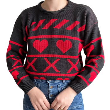 Vintage 80s Womens Valentines Day Red Black Heart Crewneck Sweater Sz M 