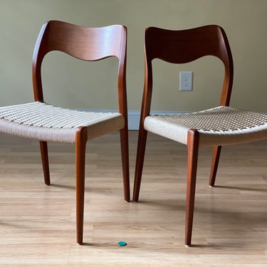 Reserved: Two Moller Model #71 Dining Side Chairs, in Teak, newly upholstered in black leather 