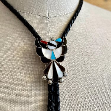 ZUNI PEYOTE BIRD Multi-Stone Inlay Bolo Tie w/ Leather Cord | Silver Turquoise Coral Jet Bolo | Native American Made Jewelry, Southwestern 