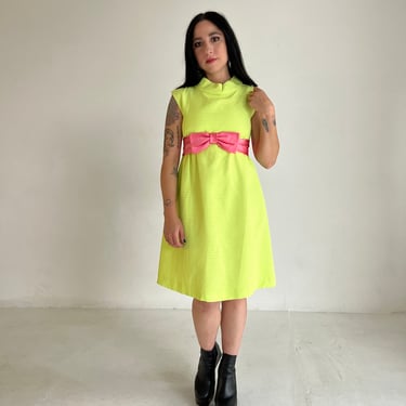 60s Candy Pink Bow Neon Green Dress
