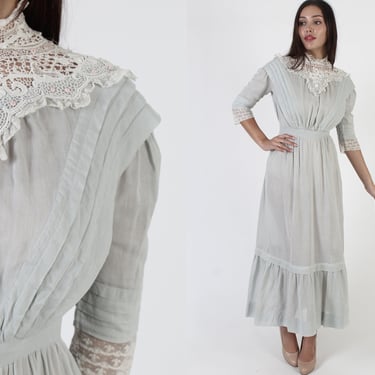 1900s White Crochet Edwardian Wedding Maxi Dress, 1920s Womens Linen Deco Lawn Bridal Outfit 