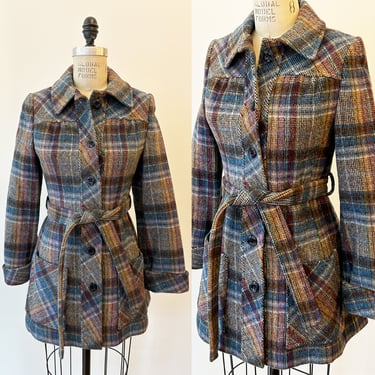 Vintage 70s Plaid Wool Jacket/ 1970s Blue Multi Plaid Belted Short Coat S 