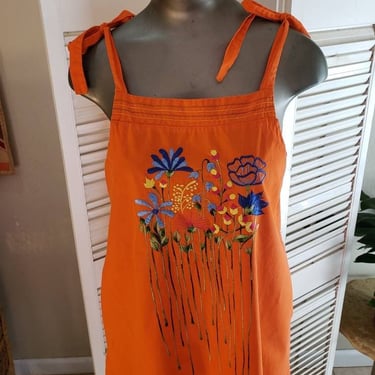 Vintage 70s Orange Cotton Tent Sundress Dress Blue Embroidery  sz M   POCKETS 