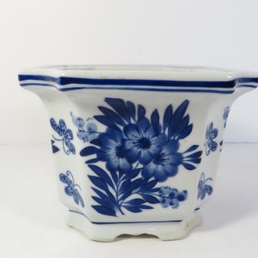 Vintage Blue White Asian Planter Vase - Square Blue White Chinoiserie Blue White Planter 