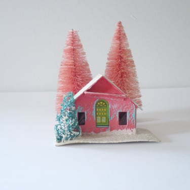 Pink Putz House made in Japan, Mid Century Cardboard Christmas Village House, Holiday Miniature 