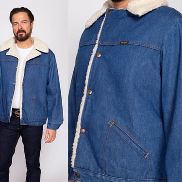 70s Wrangler Sherpa Wrange Coat Men's XL | Vintage Denim Rancher Shearling Lined Trucker Jacket 