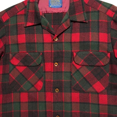 Vintage 1960s PENDLETON Wool Flannel Board Shirt ~ M ~ Plaid ~ Loop Collar 