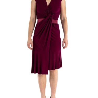 2000S Donna Karan Garnet Red Rayon Jersey Knot Front Ruched Dress With Belt 