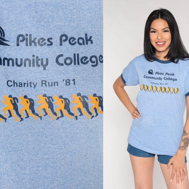 80s Pikes Peak Shirt 1981 Charity Run Community College Ringer Tee Colorado Springs Running Sports Vintage Screen Stars 1980s Blue Small 
