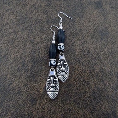 African mask earrings, tribal dangle earrings, black agate earrings, Afrocentric earrings, ethnic earrings, unique primitive earring, tiki 