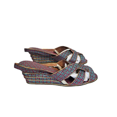 1950's Pink Blue Silk Wedge Sandals I Shoes I Sz 5.5 