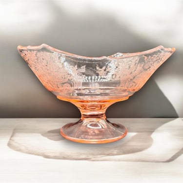 Rare Vintage Etched Depression Pink Glass Pedestal Bowl by LeChalet