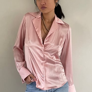 90s silk charmeuse blouse / vintage light ballet pink liquid 100% silk charmeuse notched lapel bell cuffs capsule holiday blouse | Medium 