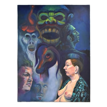 Surrealist Portrait Nude Woman w Masks Oil Painting sgd Lenell Chicago Artist 