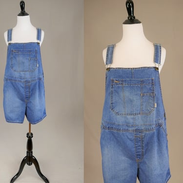 Vintage Old Navy Maternity Shorts Overalls - Blue Denim Jean Carpenter Shortalls - L 