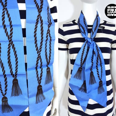 Summer Vibes Vintage 60s 70s Blue Nautical Rope & Tassel Print Long Scarf 