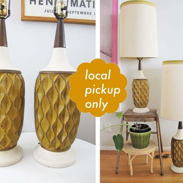 Mid Century Ochre Yellow Honeycomb Ceramic Table Lamps Original Shade - 1960s Textured Earthy Living Room Lamps Local Pick Up Long Beach LA 