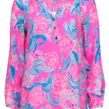 Lilly Pulitzer - Bright Pink &amp; Blue Floral Silk Peasant Blouse Sz XS