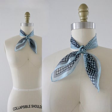silk scallop scarf - vintage 70s 80s blue black womens mens unisex bandana neck tie 