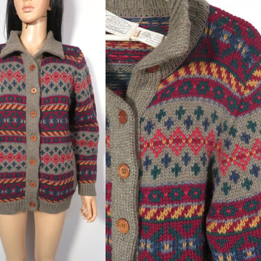 Vintage 80s/90s Shetland Wool Fair Isle Cardigan With Wood Buttons Size S/M 