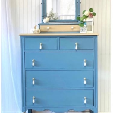 Gorgeous Blue Antique Tallboy Dresser, Chest of Drawers, Tall Dresser with Removable Vanity Mirror 