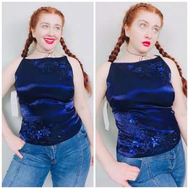 1990s Vintage Alex Evenings Blue Metallic Tank Top / 90s / Nineties Nylon Rayon Floral Embroidered Shirt / Size Large / XL 