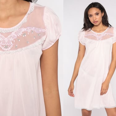Babydoll Nightgown 80s Baby Pink Lingerie Slip Dress Embroidered Butterfly Puff Sleeve Mini Nightie Lace 1980s Boho Vintage Medium Large 