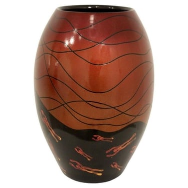 Vintage Iridescent Ceramic Vase Vessel Signed Figurative Motif 