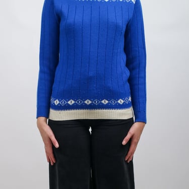 1940s Lansea Folky Blue and White Knit Sweater