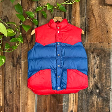 Vintage 70s Colorblock Puffer Puffy Down Feather Vest Cold Weather Ski Retro Size L 