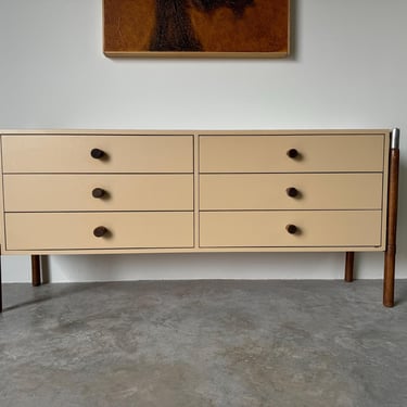 1980's Postmodern Six - Drawer Beige   Laminate Lowboy Dresser 