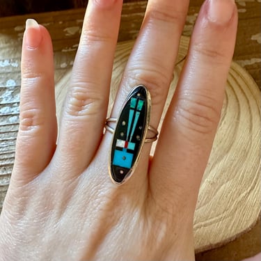 GILBERT SMITH UFO Night Sky Ring Micro Inlay | Native American Navajo Southwestern Jewelry | Silver Turquoise Jet Opal | Sz 7.5 