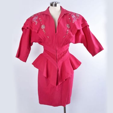 1980's Pink Beaded Dress Shoulder Pads Vintage Dress Dynasty style Peplum Fitted Hot Fuchsia Pink Cotton Dolman Sleeves 1970's New Wave 