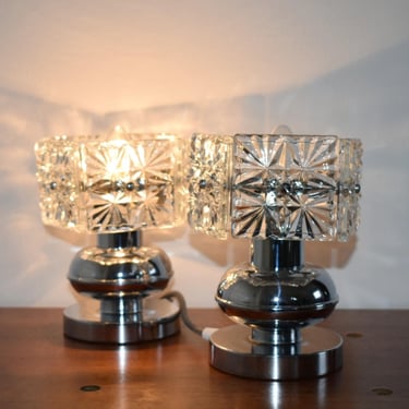 Vintage Crystal Glass & Chrome Table Lamps Fixture/ Pair of Metal and Glass Lights/ Crystal Vintage Glass Lamps from 60's/ Kinkeldey Still 