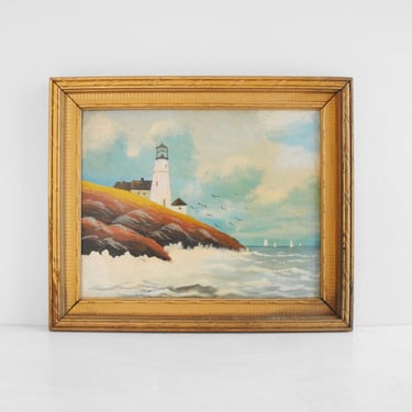 Vintage Light House Coastal Painting, Oceanscape Painting 