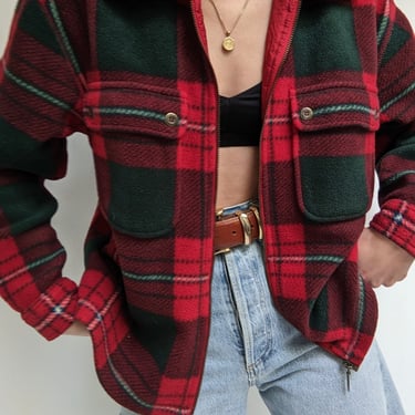 90s Cherry & Pine Plaid Fleece Jacket