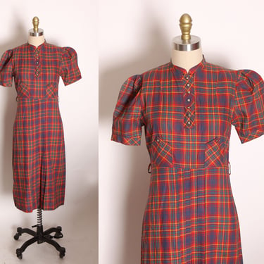 1940s Red and Green Plaid Short Sleeved Button Up Bodice Dress by A Cinderella Teen-Style Deanna Durbin 