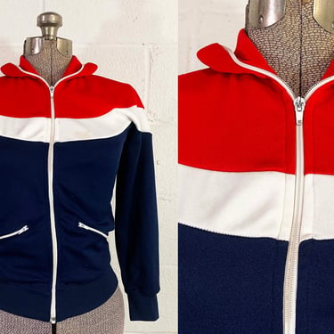 Vintage Track Jacket Red White Navy Blue Roys Sears Hipster Coat Athletic Prep Minx Costume TV Movie Prop XS Small 1970s 