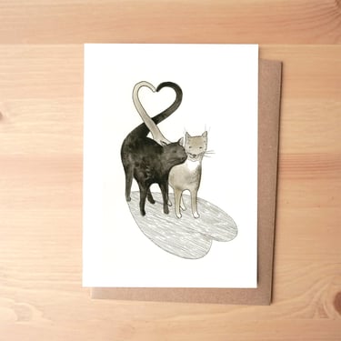 Cat Heart Tails Watercolor Greeting Card + Envelope