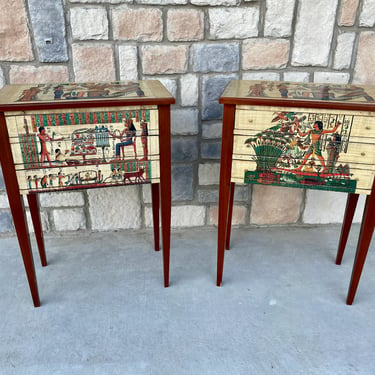 Pair of Egyptian Revival Nightstands or Tall Side Tables with Papyrus Art Finish 